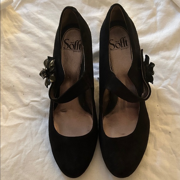 Softies Shoes - Söfft Black Suede Mary Jane Heels with Floral Accent